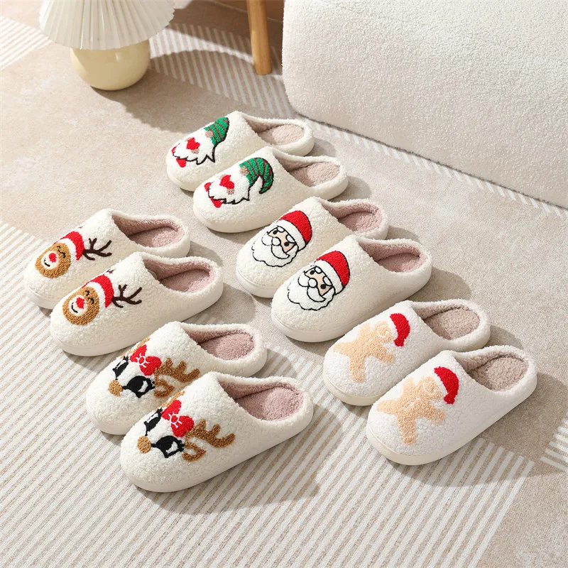 Couple Winter Christmas Cotton Slippers Women Men Non-Slip Soft Sole Indoor Shoes Warm Home Slippers Ladies Gents Holiday Casual