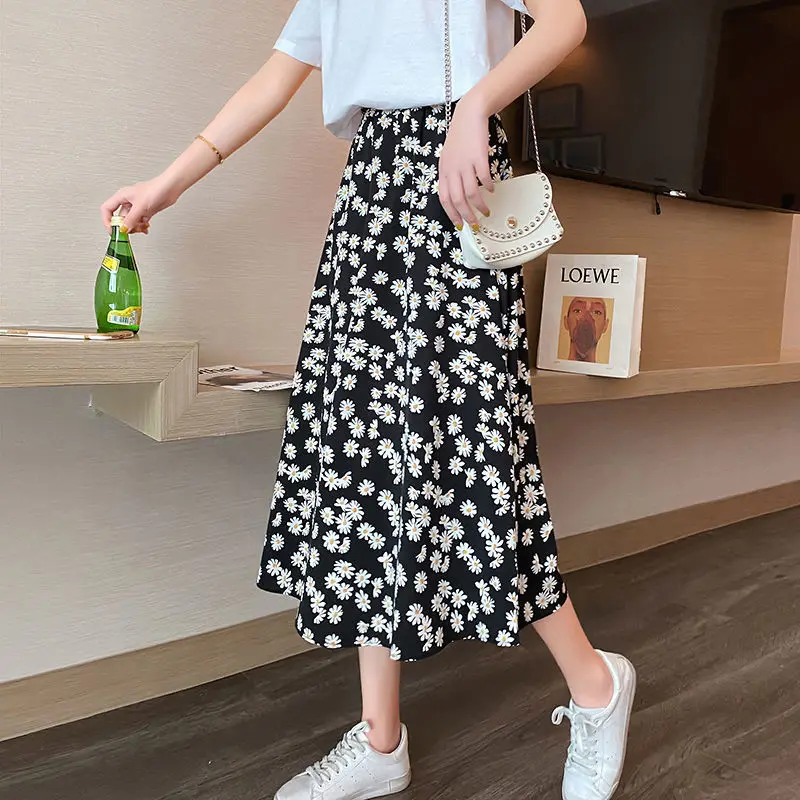 Summer Korean Elegant Floral High Waist Chiffon Skirt Women's Clothing Fashion A-Line All-match Printed Midi Skirts for Female