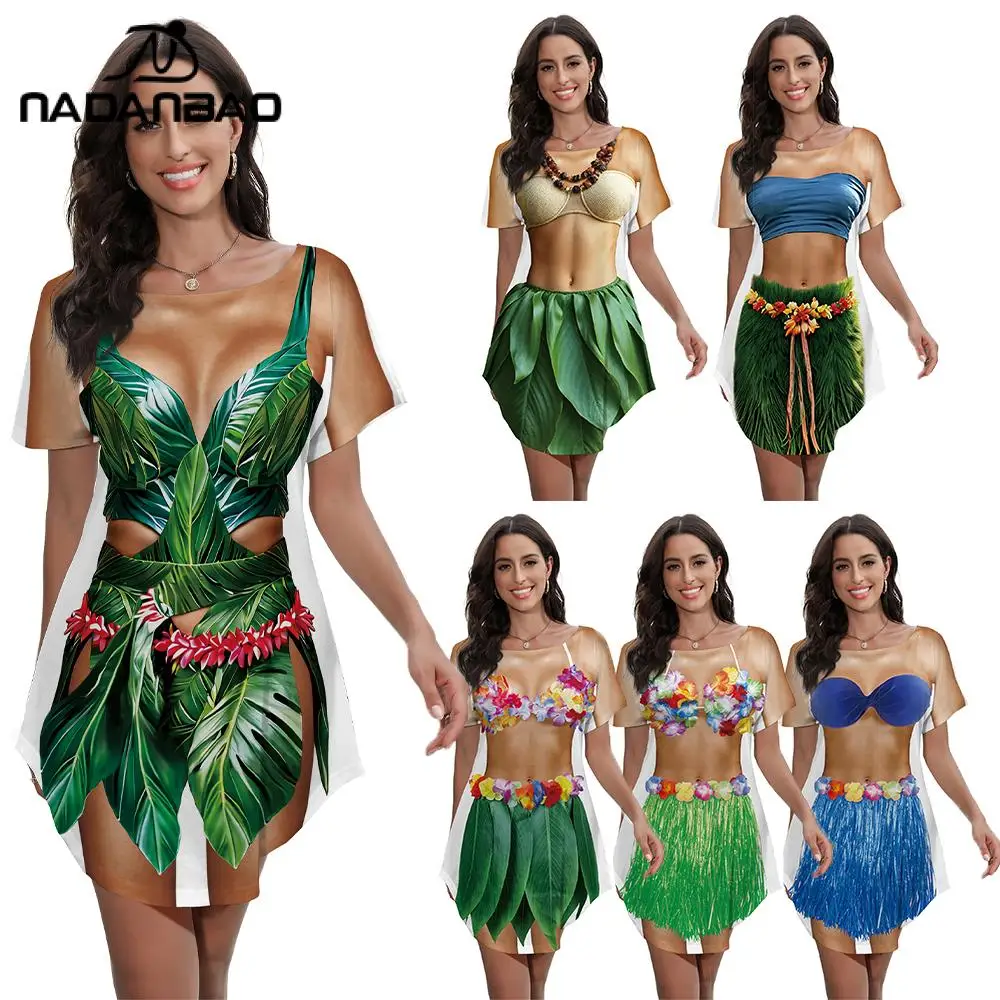 

Nadanbao Wheat Skin Body Print Bikini Cover Up Dress Women Summer Short Sleeved Beach Shirt Hawaiian Tropical Luau Party Dress