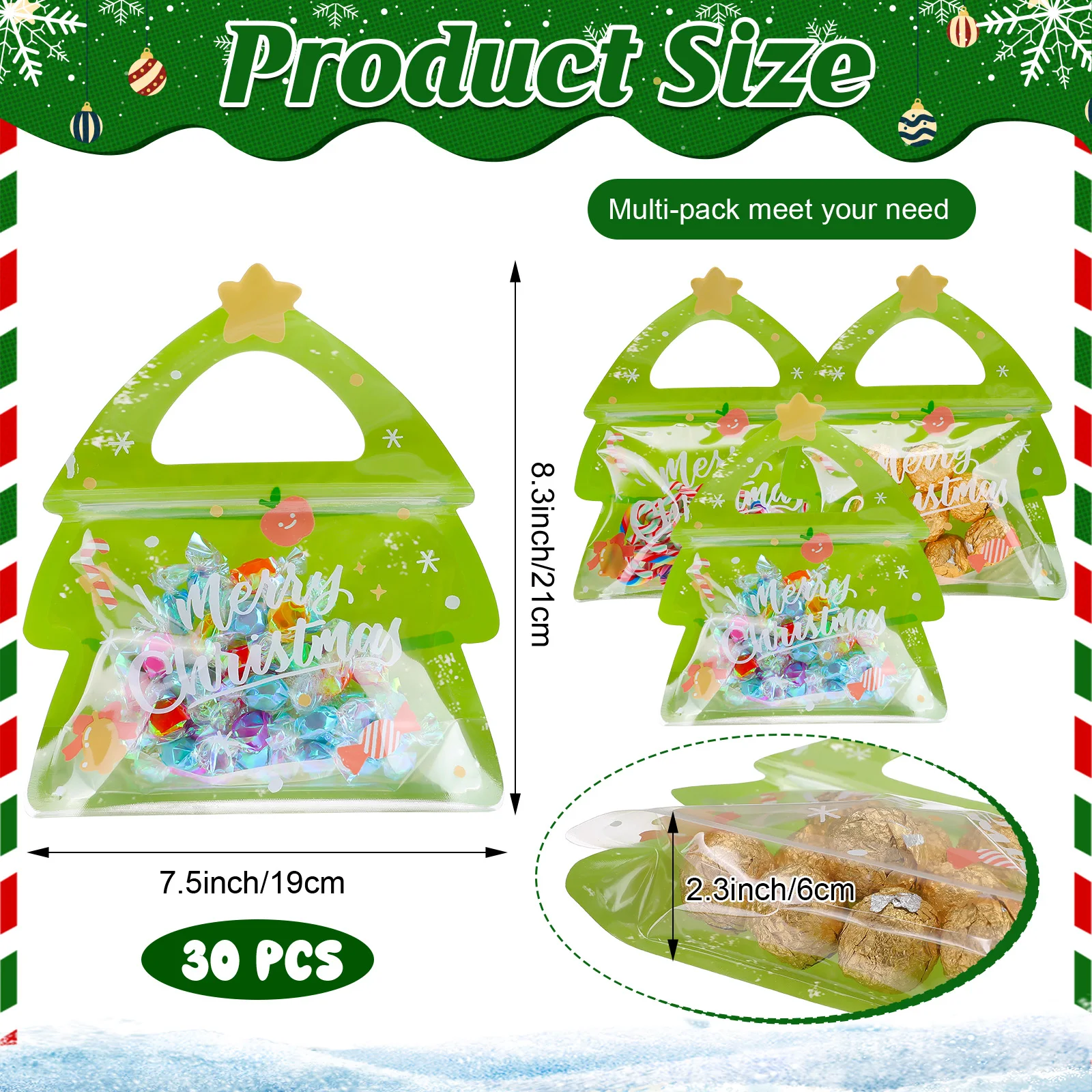 30 قطعة من أكياس حلوى عيد الميلاد، حقيبة جودي زيبلوك الأيائل، أكياس هدايا شجرة عيد الميلاد القابلة للإغلاق، حقيبة زيبلوك شفافة لطيفة على شكل إلك للحلوى، #2