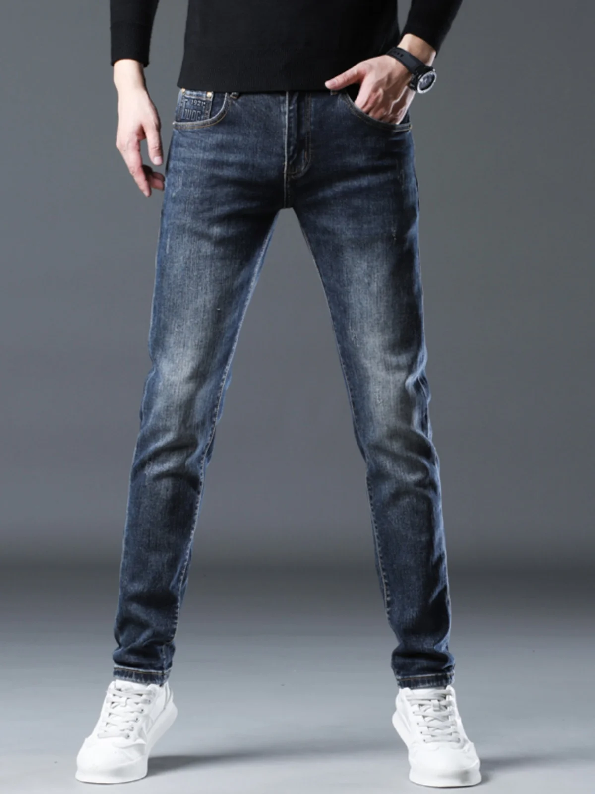 

Slim Fit Men's Jeans Youth Trendy High End Simple Casual Long Pants Cotton Stretch Denim mid Waist Wear Resistant Autumn Winter