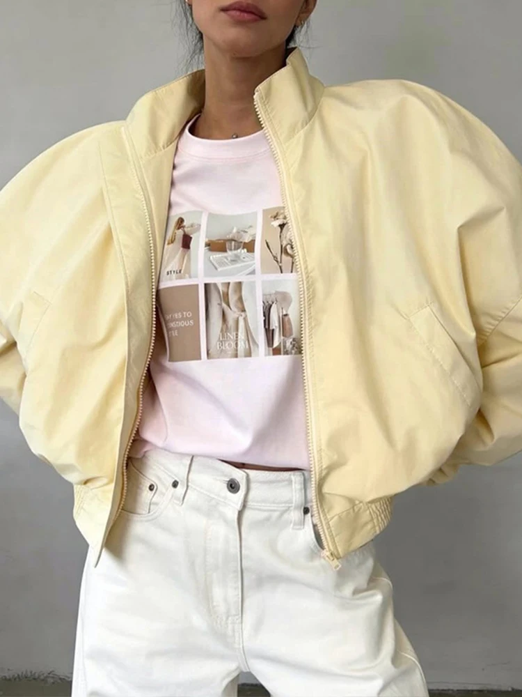 Damenjacken mit Stehkragen, Langarm, Oversize Kurzmäntel, Street-Style mit Laternenärmeln, Gerüschter Loser Mantel, Schicke Neue Oberbekleidung – Detail 6