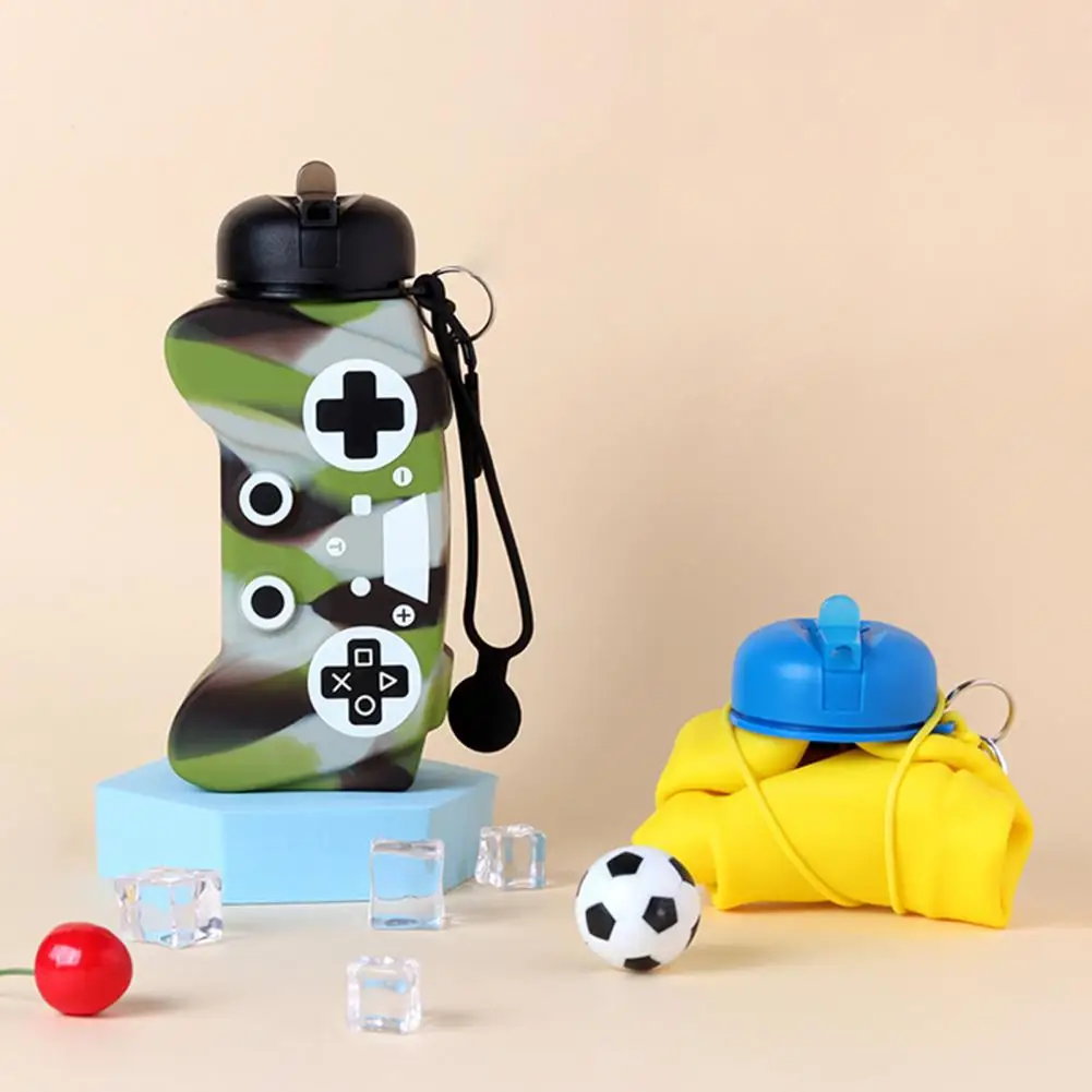 Playful Water Bottle Game Console-shaped 600ml Foldable Sport Bottle with Wrist Strap Leakproof Shockproof for Travel School