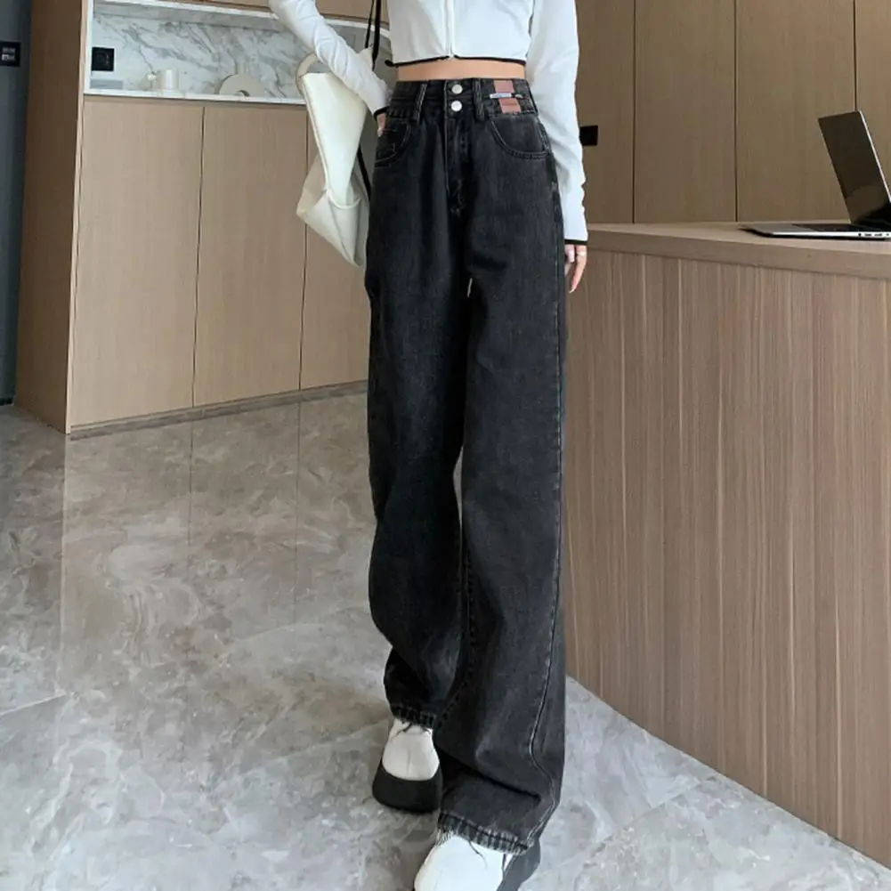 Women Casual Trousers High Waist Wide Leg Women's Jeans with Deep Crotch Soft Colorfast Fabric Loose Button Closure Straight