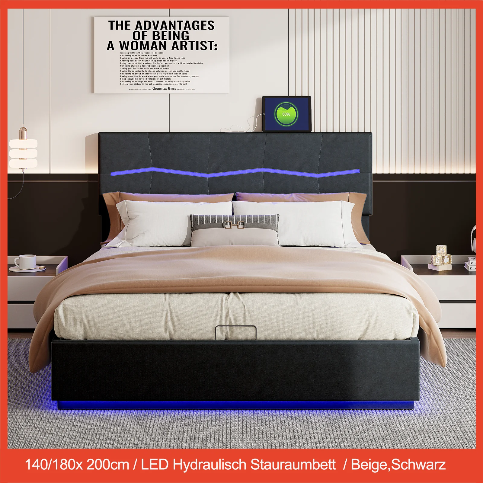 Hydraulic Storage Bed,Upholstered Bed with Headboard and Slatted Frame,Double Bed with LED,PU,140/180x200cm,Without mattress