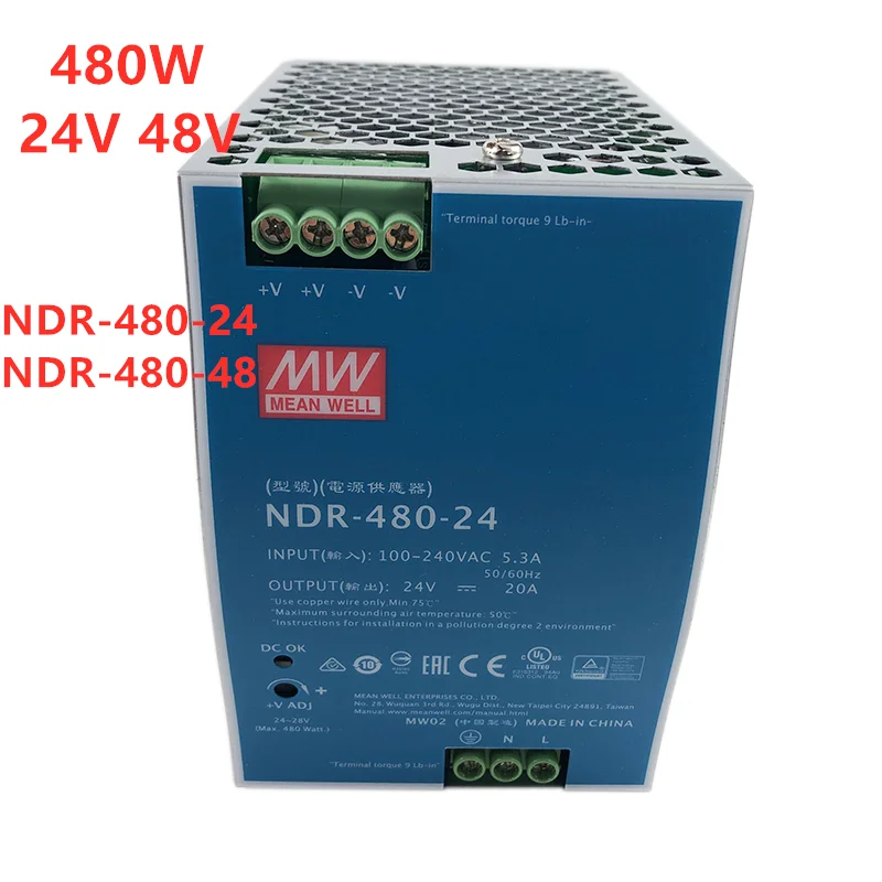 

MEAN WELL Industrial Din Rail 480W 24V 48V Slim Single Output Switching Power Supply NDR-480-24 NDR-480-48