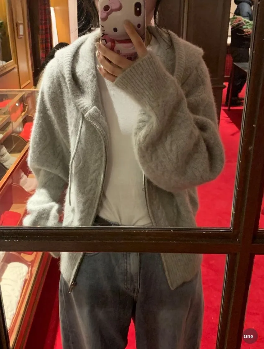 

East Gate Sweet Hooded Knitted Cardigan Women's Zip Soft Gentle Casual Sle Top Long Sve Regular Length Girl's Clothes