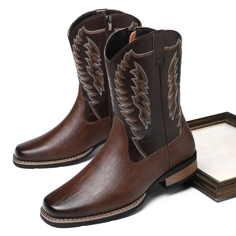 Herrenstiefel, Stickerei, Western-Cowboystiefel, Retro-Stil, Übergröße, hohe Stiefel, seitlicher Reißverschluss, langer Stiefel, handgefertigter Outdoor-Stiefel mit mittlerer Wade