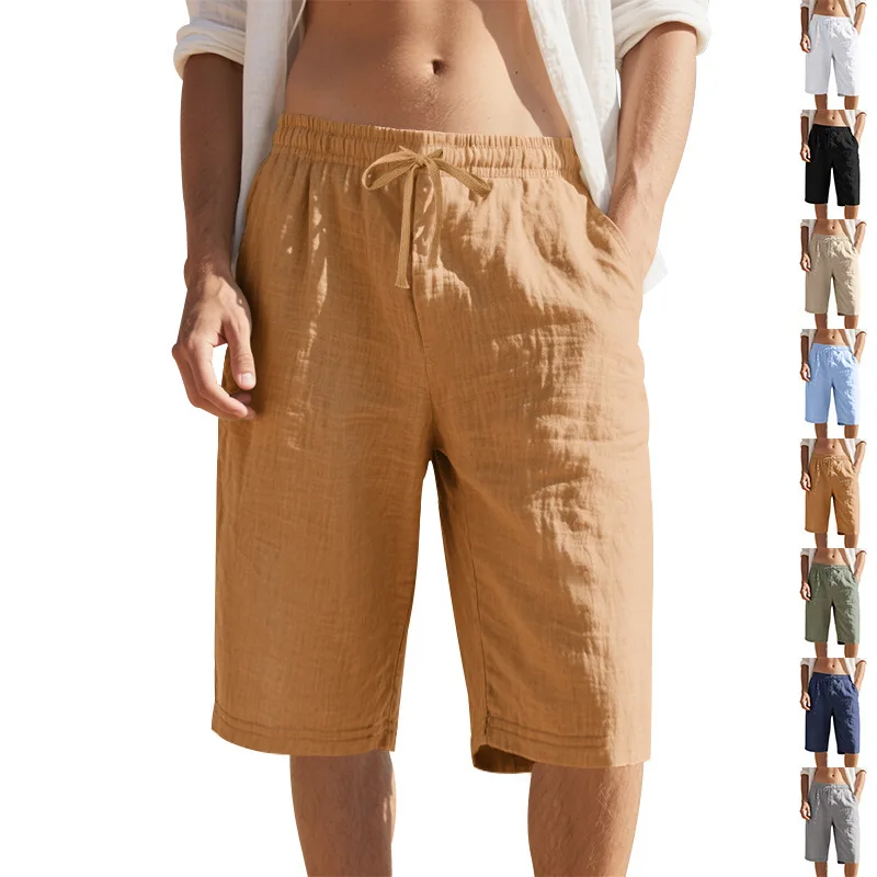 

Men's Casual Linen Blend Shorts Drawstring Waist Breathable Lightweight Summer Beach Pants with Pockets
