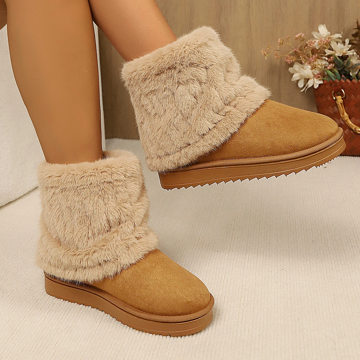 Schuhe für Damen, Winterstiefel zum Hineinschlüpfen, schwarze, runde Zehen, einfarbig, mit weichem Innenfutter, warm, mit mittlerem Absatz, wasserdicht, lässige Schneestiefel für Damen. – Detail 11