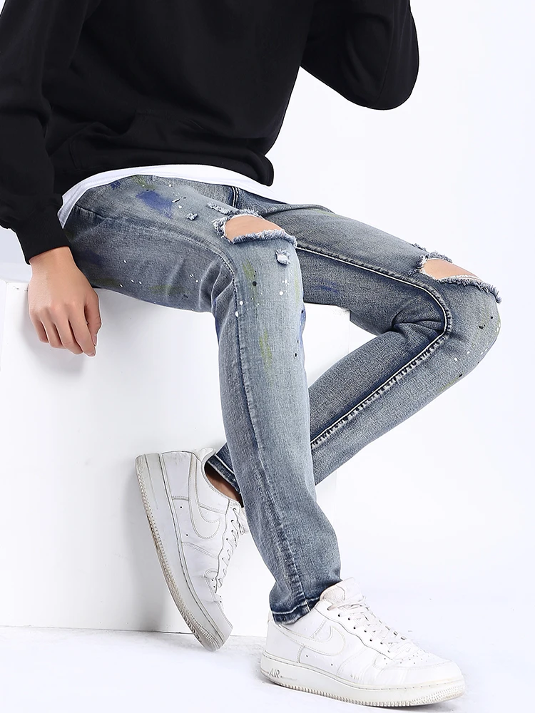 

Trendy Men's High Street Splaed Ink Knee-High Hole Jeans Elastic Slim Fit Pants Cotton Stretch Denim mid Waist Zipper Fly
