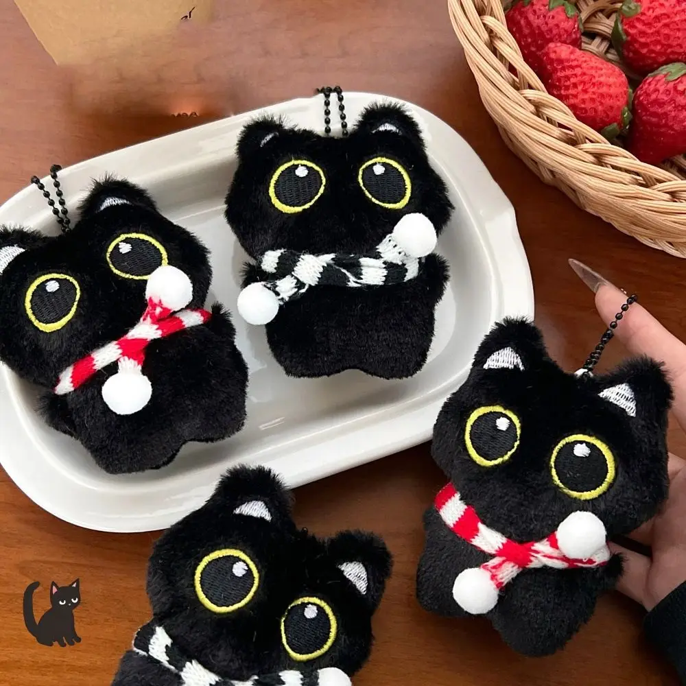 Fashion Soft Squeak Scarf Black Cat Pendant Cartoon Chirping Squeeze Plush Keychain Toys Keyring Plush Stuffed Toys Kids