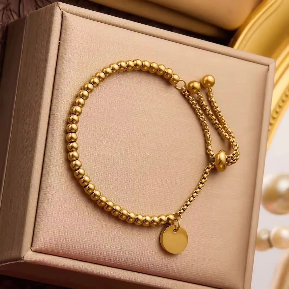 

Women's Stainless Steel 18K Gold-Plated Bead Bracelet Fashion Adjustable Chain Jewelry for Daily And Party Wear