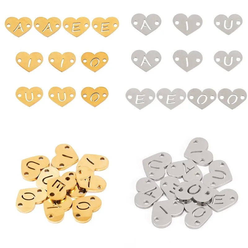 10pcs Love Heart Connector Charm Stainless Steel Links with Hollowed Letter A/E/I/O/U Dainty DIY Jewelry Making Accessories