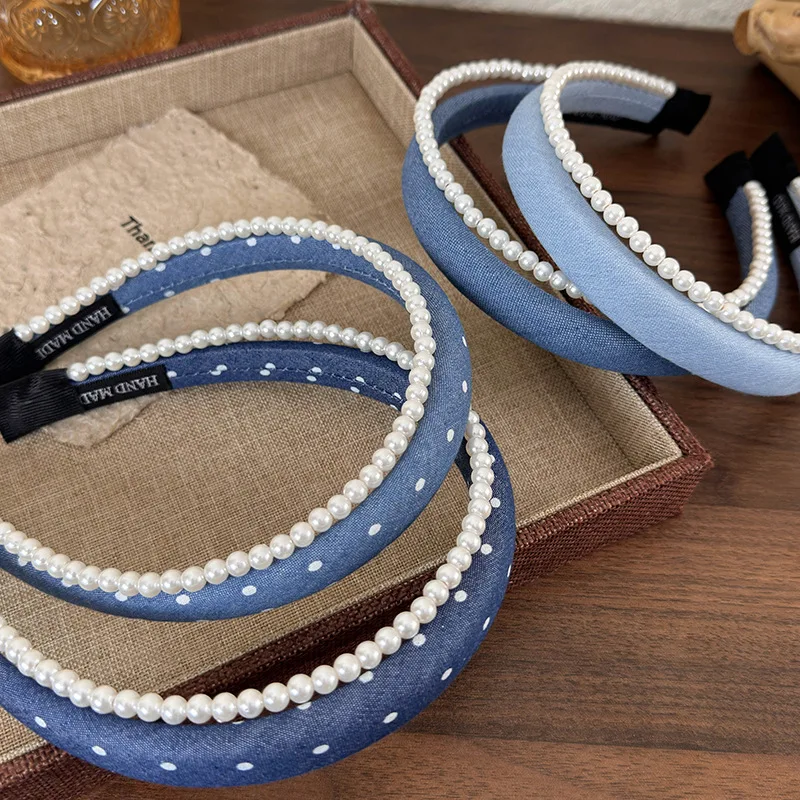 Retro Denim Blue Pearl Double Layer Headband Girl Exquisite Hair Hoop Womans Temperament Hair Band Lady Fashion Hair Accessories