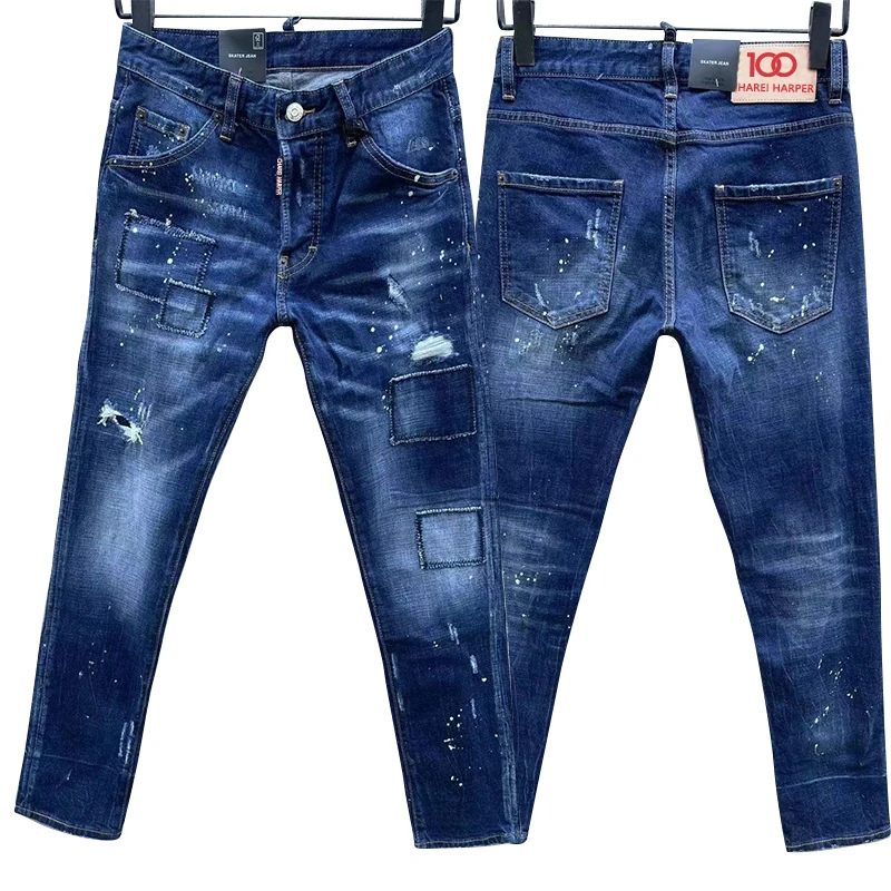 100 chareiharper c061 nova moda de rua jeans masculinos impressão moda tendência buracos calças finas moda masculina