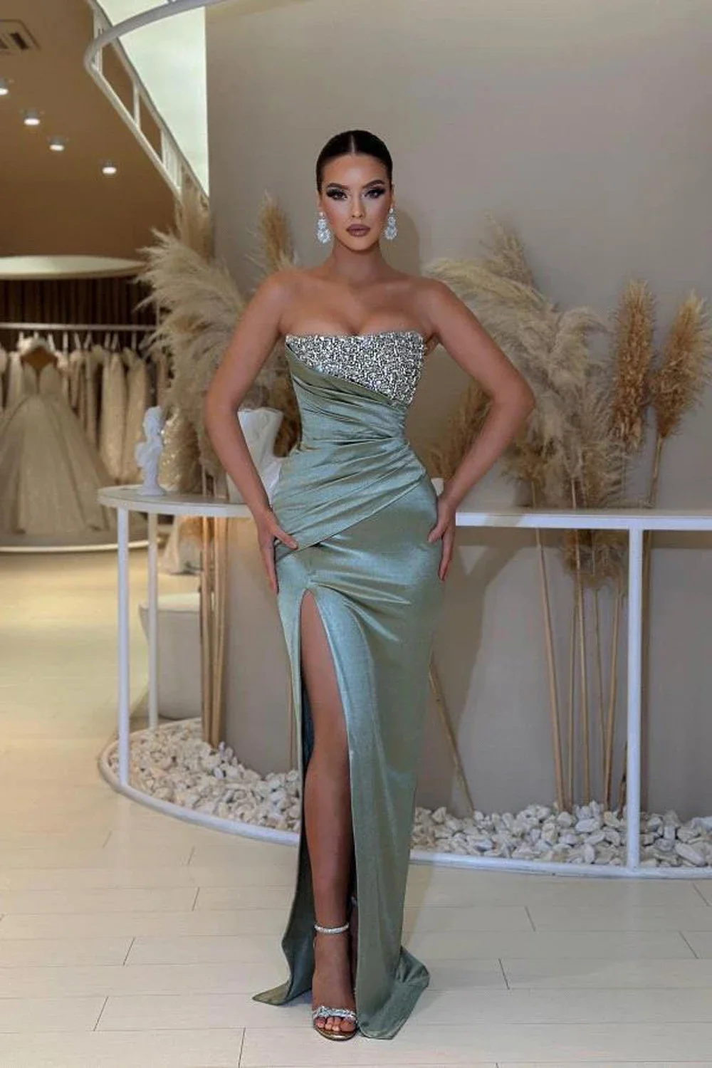 Flavinke Elegant Women Beaded Evening Party Dresses Strapless Sleeveless Satin High Split Ruched Prom Gowns Formal Vestidos 2024