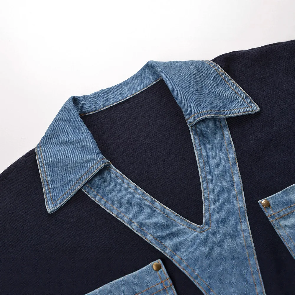 Herfst en winter Nieuwe collectie Designer Kleurblok Denim Patchwork V-hals Modieus Veelzijdig Niche-gebreide top met korte mouwen