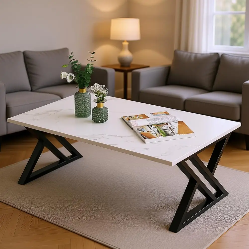 

White Living Room Center Table, Simple Modern Marble Rectangular Tea Table with Sturdy Black Metal Legs, Industrial Wooden Coffe