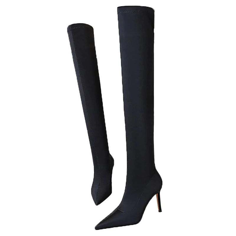 BIGTREE Shoes Women New Over-the-Knee Boots Pointed High-heeled Boots Satin Elastic Boots Sexy Loog Boots Autumn Winter Shoes