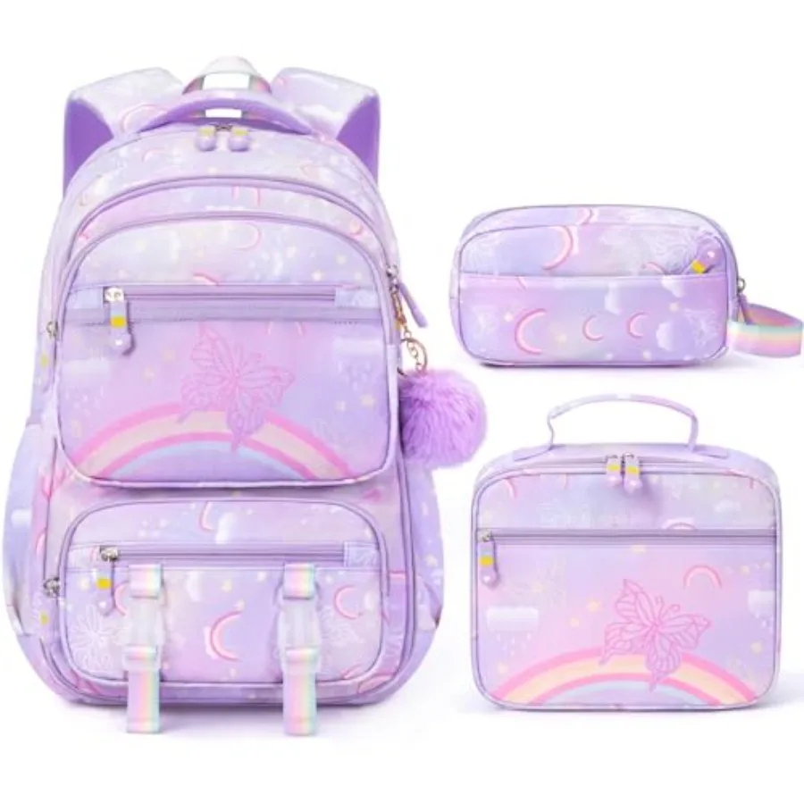 

Backpack for Girls, 3PCS Rainbow and Butterflies Teen Girls Backpack with Lunch Box Pencil Case, Cute Bookbag School Bag for Ki