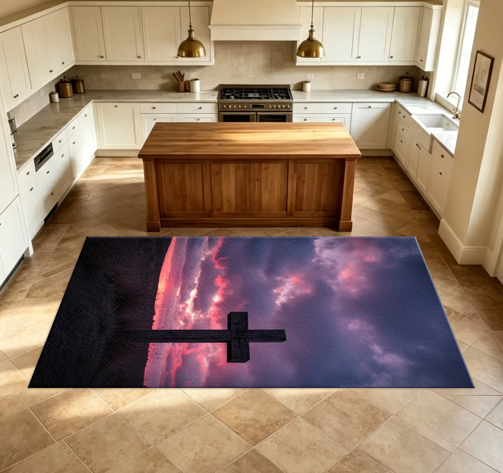 Vintage Wooden Cross Sunset Scene Carpet Flooring Home Decor Area Rug