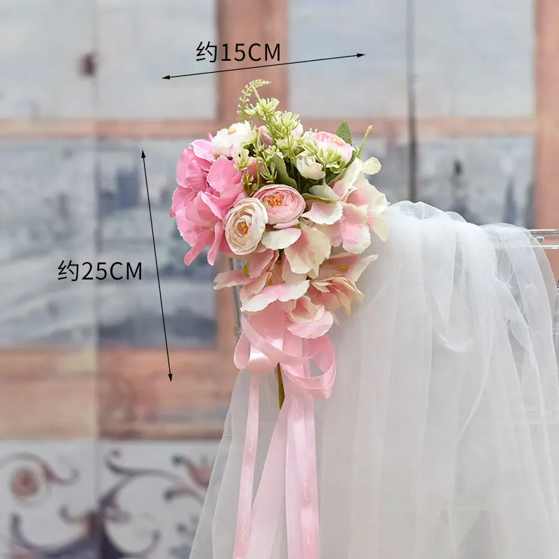 2 Pcs Chair Sashes Artificial Hydrangea Flowers Tie Knot Cover For Church Hotel Banquet Outdoor Wedding Party Events Decoration