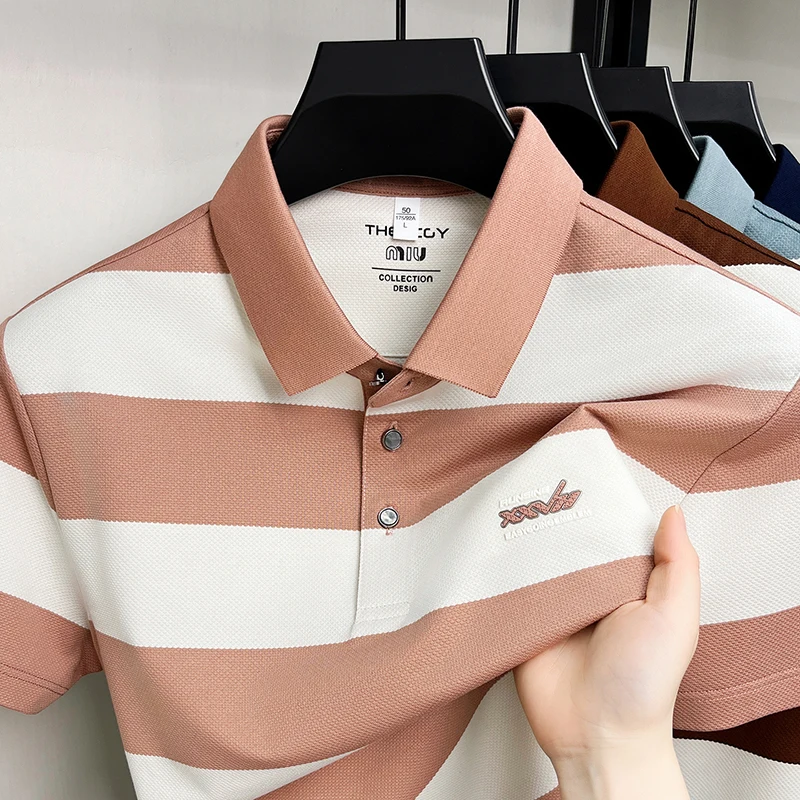 Luxury striped color blocked short sleeve polo shirt men's high-end brand embossed casual summer breathable lightweight T-shirt