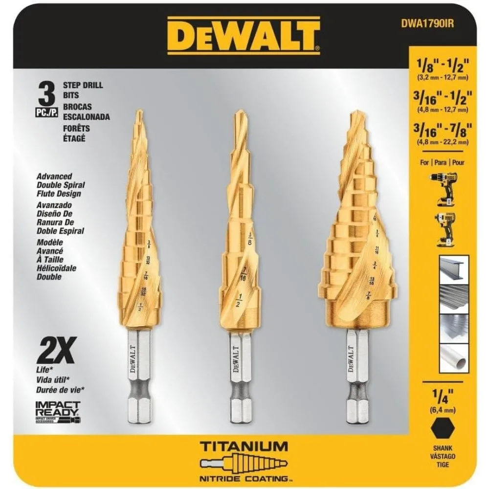 ชุดดอกสว่านสเต็ปเคลือบไทเทเนียมไนไตรด์ 3 ชิ้น พร้อมขนาดรู 31 ขนาด ตั้งแต่ 1/8 นิ้ว ถึง 7/8 นิ้ว และก้านหกเหลี่ยมขนาด 1/4 นิ้ว