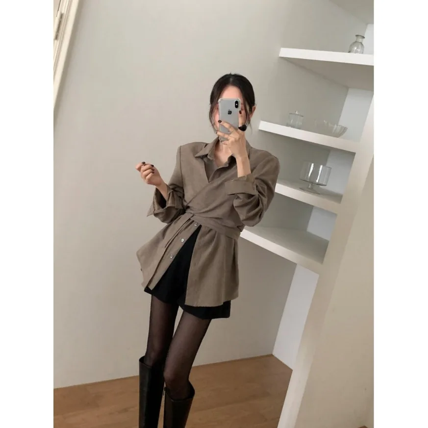 

Весна 2026: Модный корейский топ с завязками, стройнящий силуэт, не состоящий из двух частей, универсальный, из полиэстера, с длинным рукавом, для повседневной носки