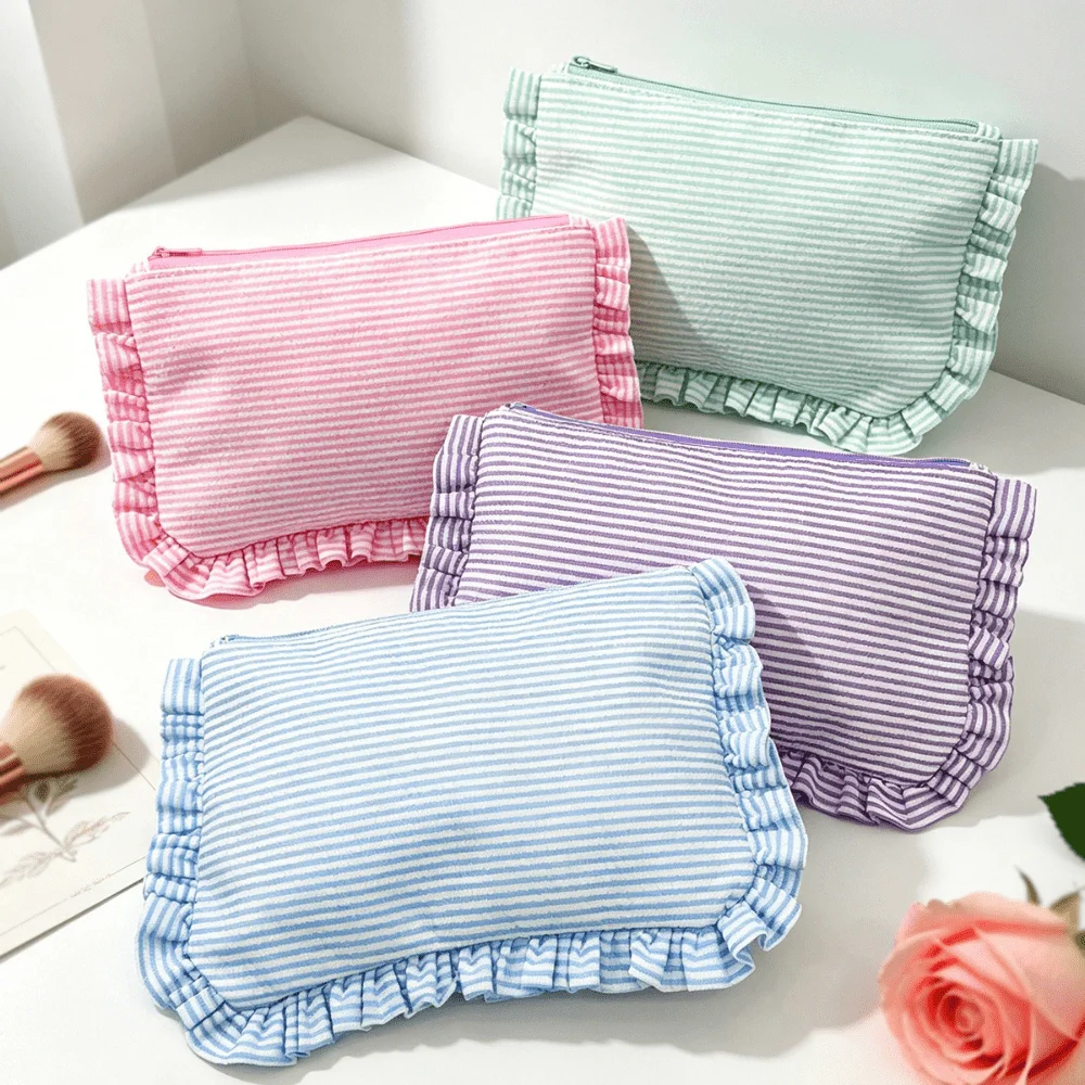 Stylish Ruffled Seersucker Makeup Bag Large Capacity Striped Cosmetic Pouch Portable Hand Clutch, Lightweight Wash Storage Bag