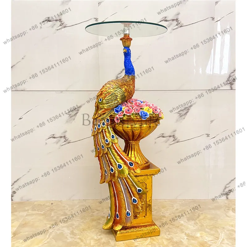Peacock flower stand ornament, a few floor-to-ceiling large vases next to the living room sofa, European-style home decorations