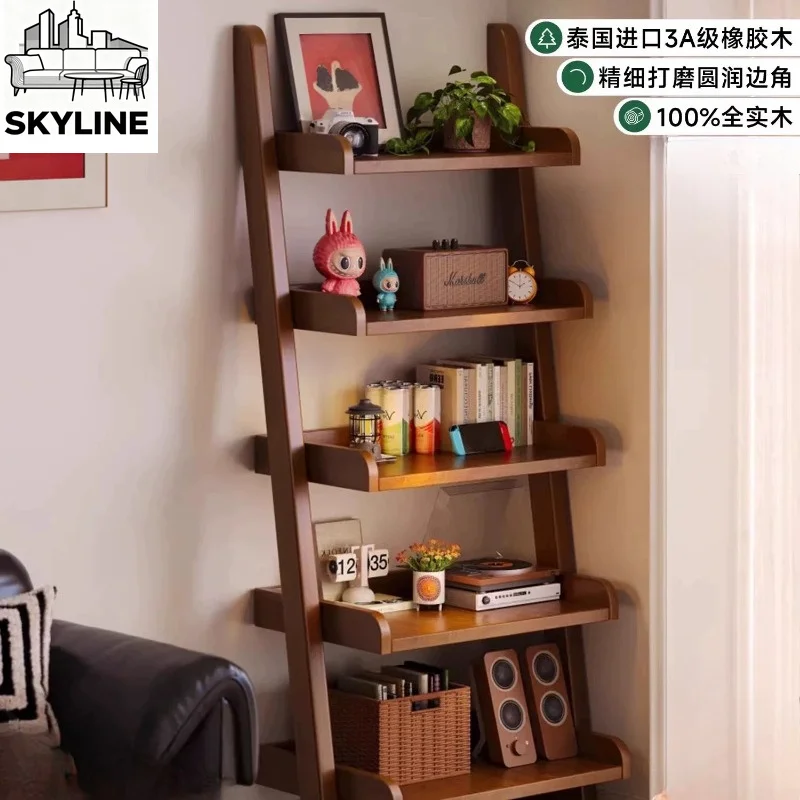 Streamlined Minimal Solid Wood Trapezoidal Book Display Stand Integrated Full-wall Multi-tier Storage Cabinet Decor Furniture