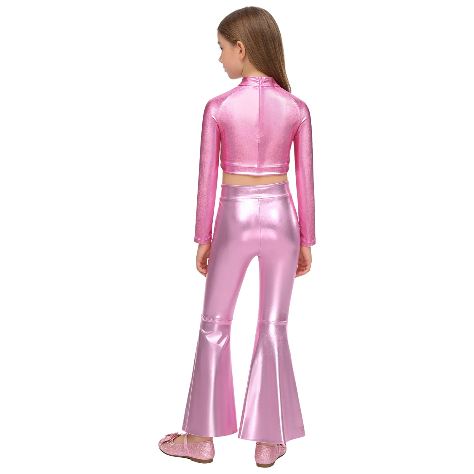Kids Girls Shiny Disco Jazz Dance Costume Long Sleeve Metalic Sequin Crop Top Split Bell-Bottom Pants Hippie Ballroom Performace view 3