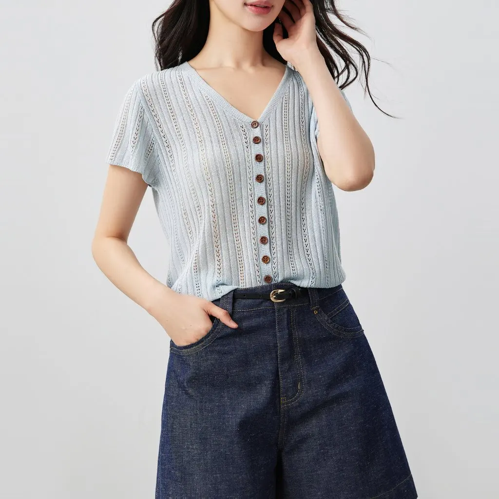 

Midsummer Linen Lyocell V Neck Knitted Cardigan Breathable Cut out Holes Pit Texture Summer Style Women's Open Cardigan