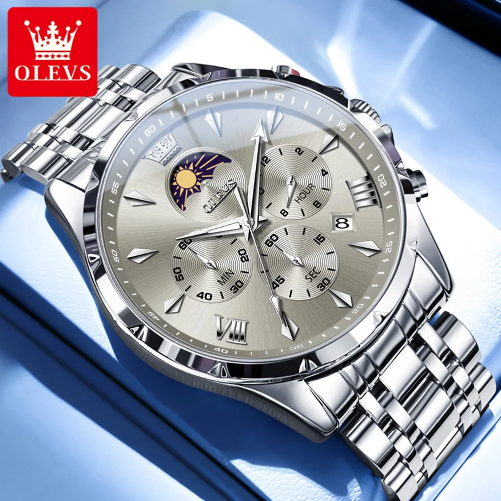

OLEVS New Mens Watches Classic 7 Hands Steel Strap Moon Phase Chronograph Date Waterproof Multi-function Quartz Wristwatch 3653