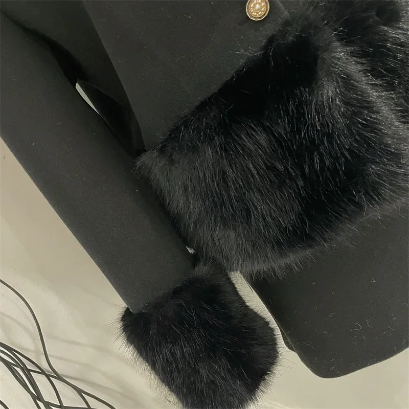 2024 Fall Winter Women Long Sleeve Woolen Fabric Faux Fur Single Breasted Coat Mini Skirt Solid Color Black Warm Matching Sets