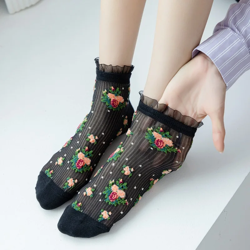 

Flower Crystal Silk Socks Women Summer Ultra-thin Transparent Low Cut Ankle Socks Embroidery JK Lolita Kawaii Lace Ruffle Socks