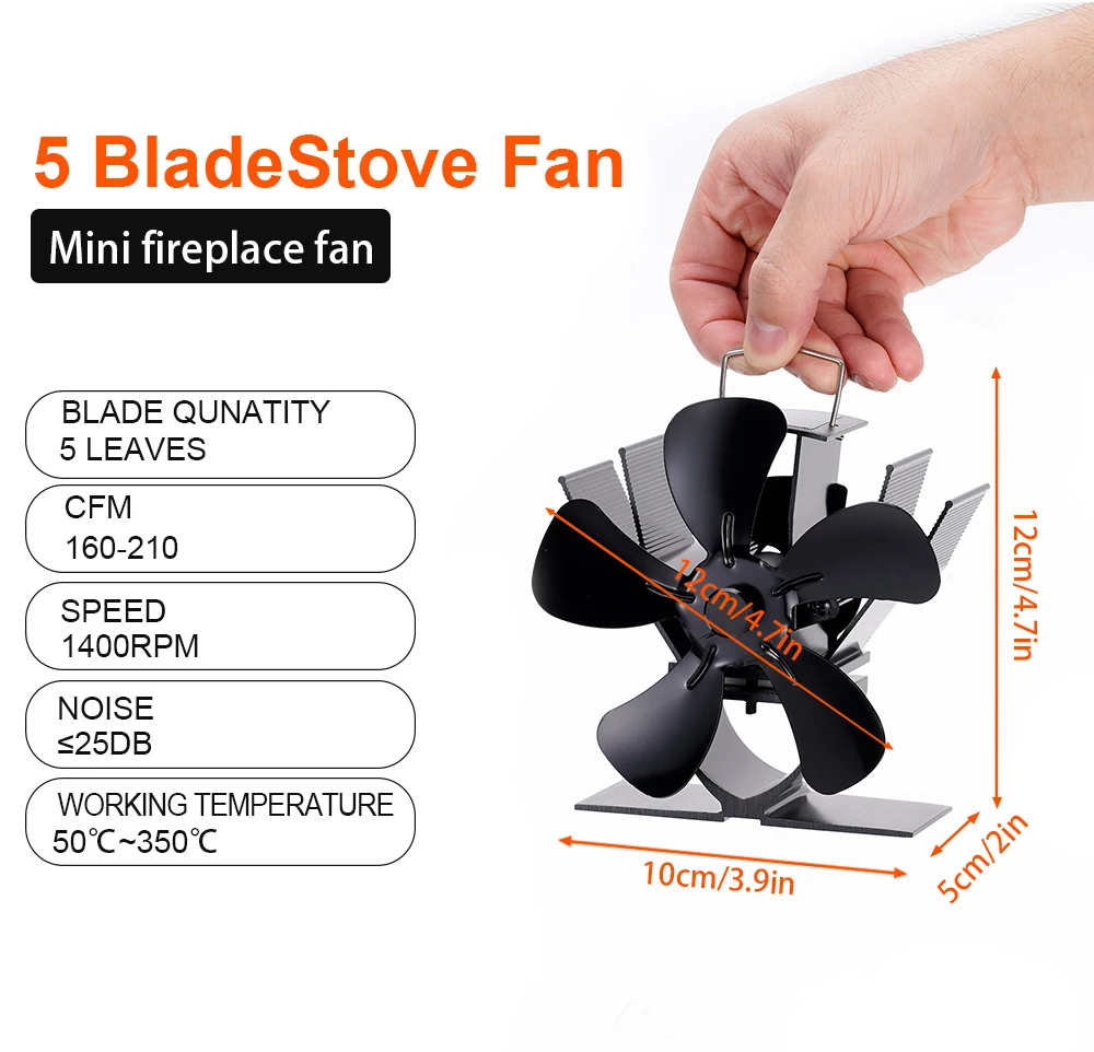 5 Blade Heat Powered Stove Fan Mini Fireplace Fan Log Wood Burner Eco-fan Quiet Fireplace Fan Heater Efficient Heat Distribution