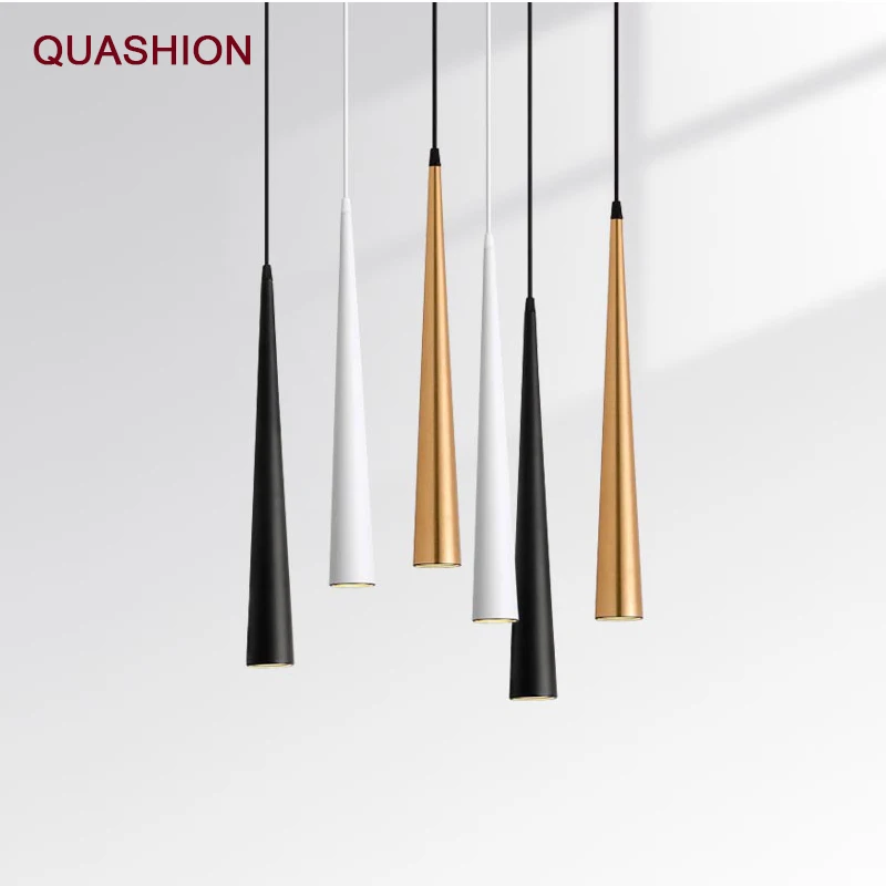 Nordic Cone Shape Chandelier Black Gold Long Tube LED Bar Dining Room Pendant Lights Modern Simple Hotel Retro Lamps Lanterns