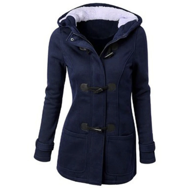 Damen-Jacken mit durchgehendem Reißverschluss, verdicktem Fleece, Hornknopf-Jacken, warmer Outdoor-Mantel mit Kapuze