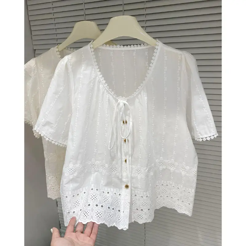 

Hollow Embroidery Round Neck Shirt For Women Summer 2025 New Loose Cotton White Shirt Short Sleeved Top