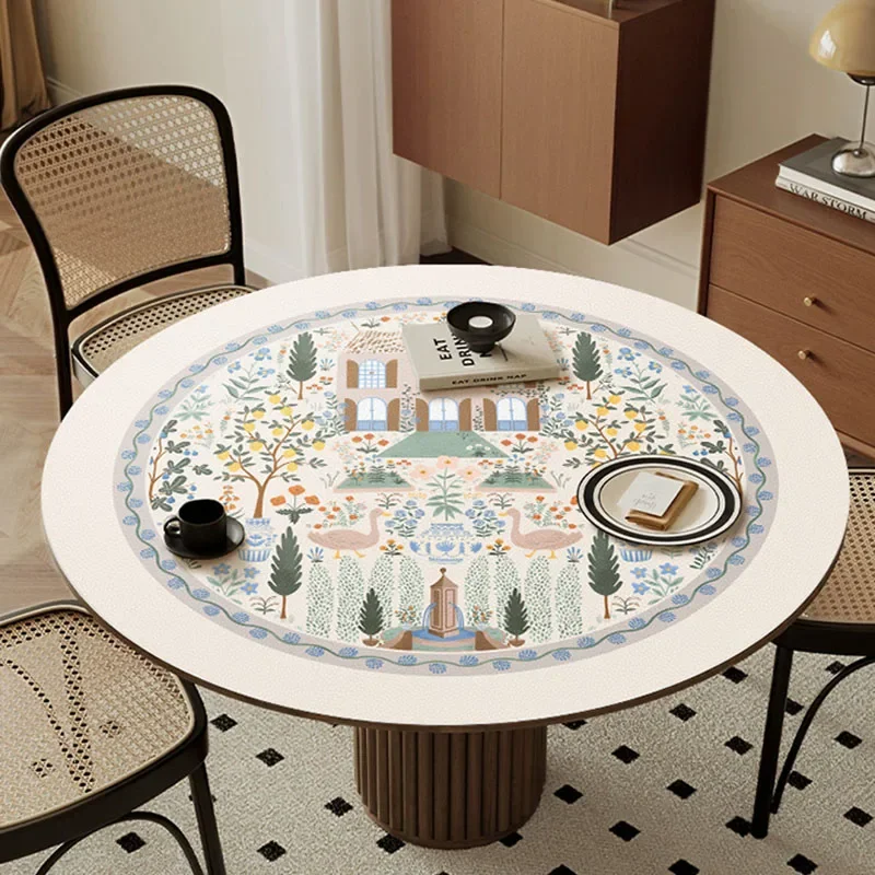 Pastoral Farmhouse Pattern Tablecloth Leather PVC Round Dining Table Mat Waterproof Oil-proof Desktop Protective Pad Decoration