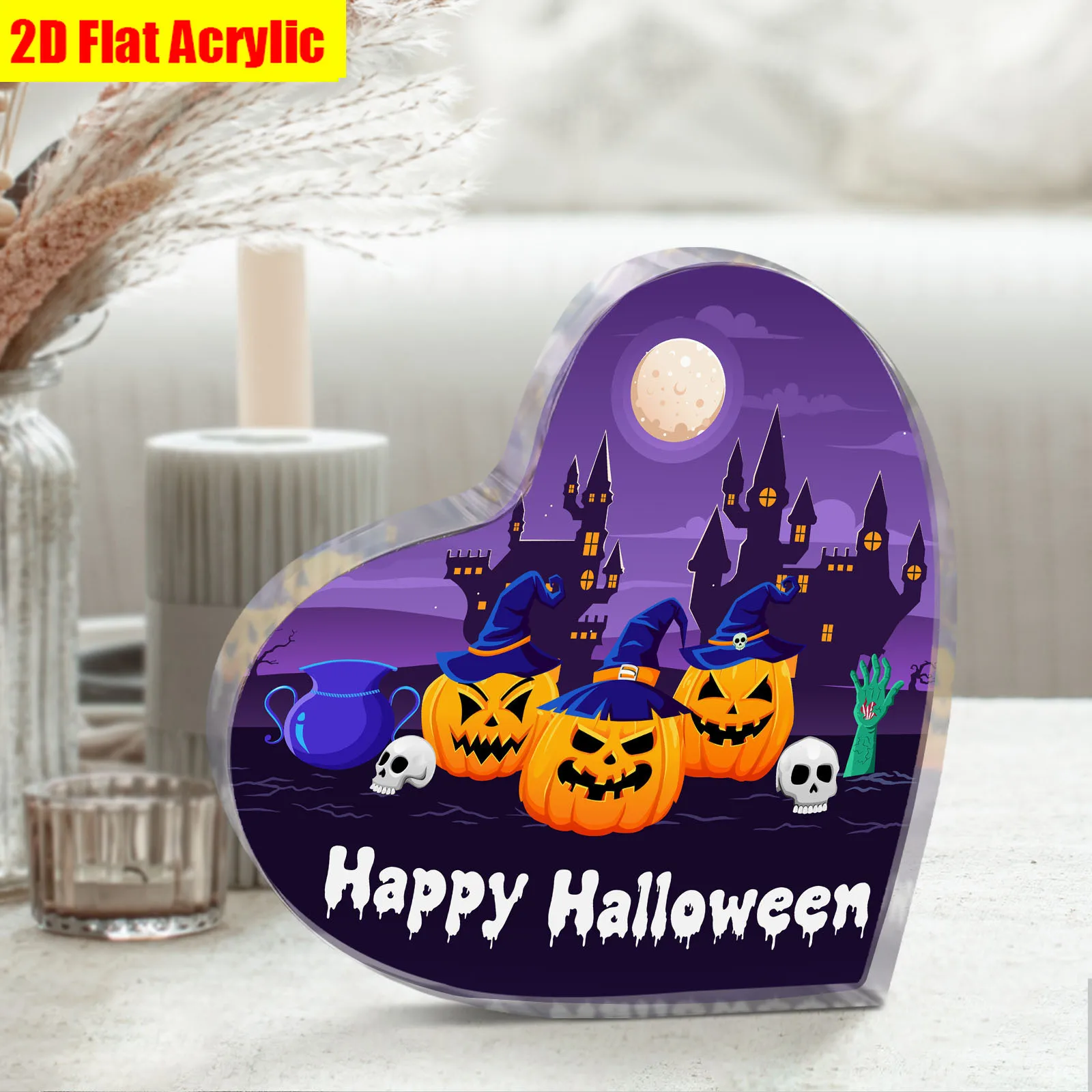 Happy Halloween Heart‑Shaped Acrylic Plaque Pumpkin Witch Haunted Castle Desktop Holiday Decor Heart Acrylic Halloween Stand, Spooky Castle Jack‑O‑Lantern Skull Zombie Hand Table Ornament