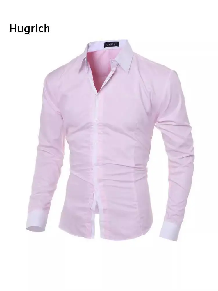 Contrast Collar And Cuff Mens Long Sleeve Button Shirt Slim Fit Solid Business Top For Meeting Occasions And Daily Office Wear
