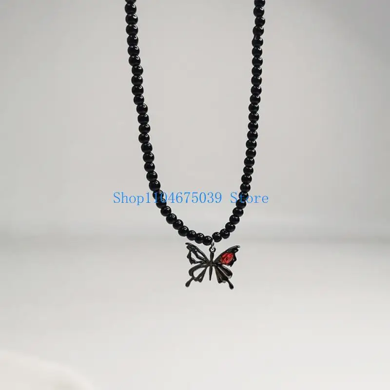 5ASD الفني الأسود الكريستالي بلبس سلسلة عنق القلادة يجمع بين القلب والفراشة تصاميم لإلقاء نظرة غامضة #5