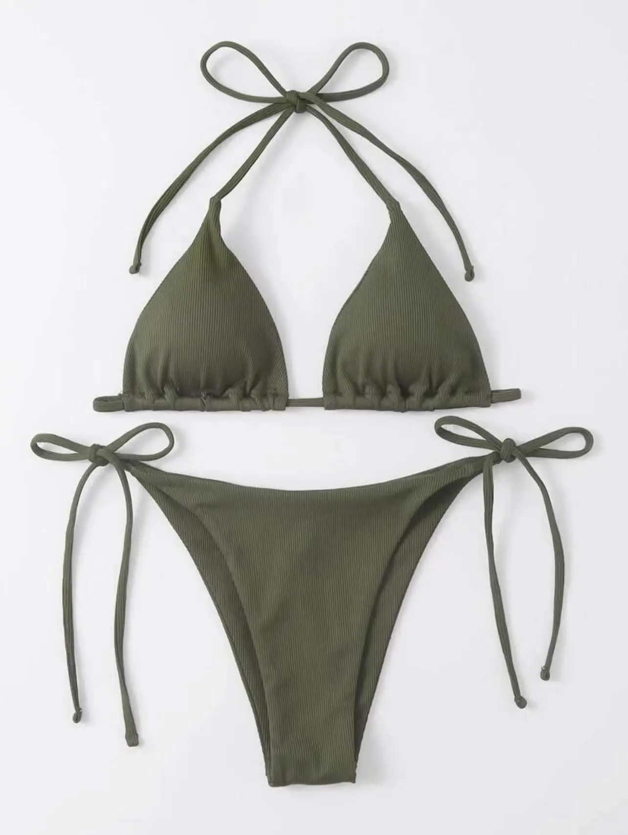 Maillot de bain deux pièces pour femmes, couleur unie, sexy, col licou, trois points, dos nu, réglable, à lacets, ensemble bikini, vêtements de plage dans, nouvelle collection 2024