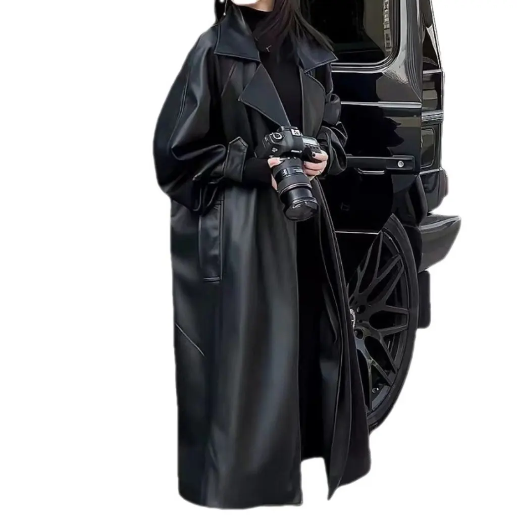 

Women's Elegant Long Over-The-Knee Velvet Leather Jacket Off-Season Loose Motorcycle High-End Windbreaker