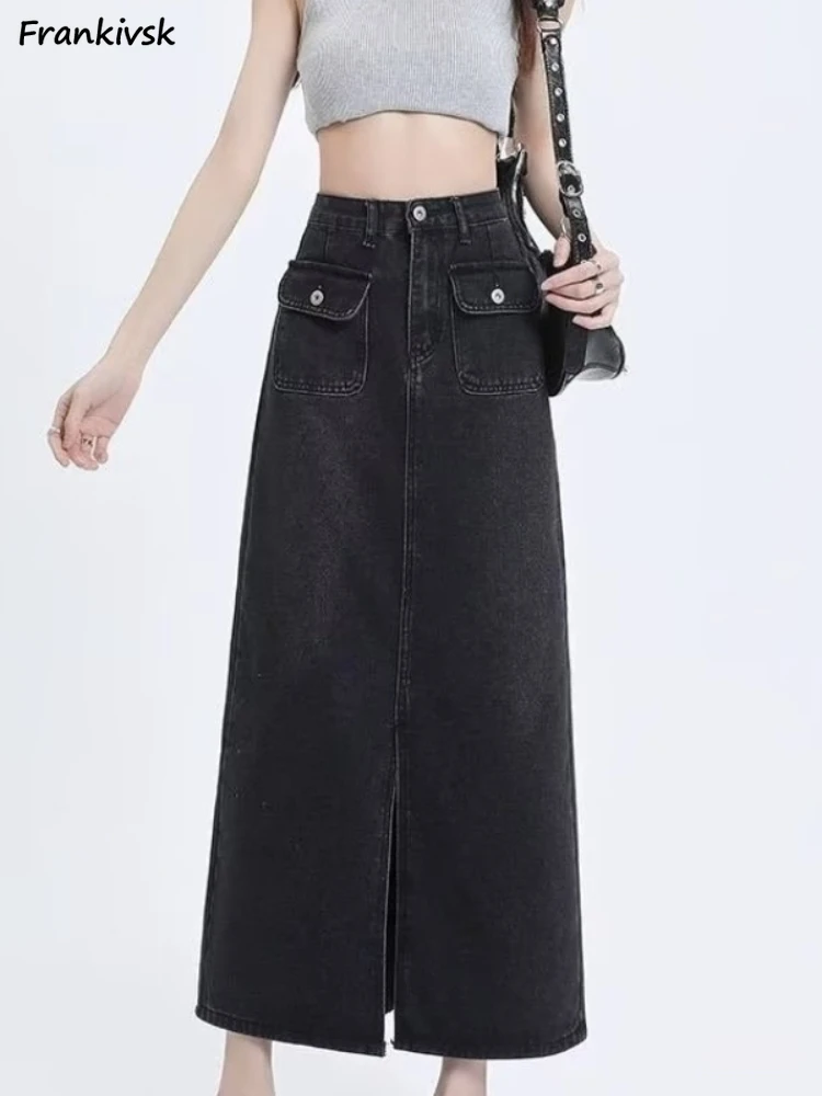 

High Waist Skirts Women Denim Slit Popular Schoolgirl Fit All-match Summer Breathable Soft Daily Cozy Bottoms Outer Leisure Chic