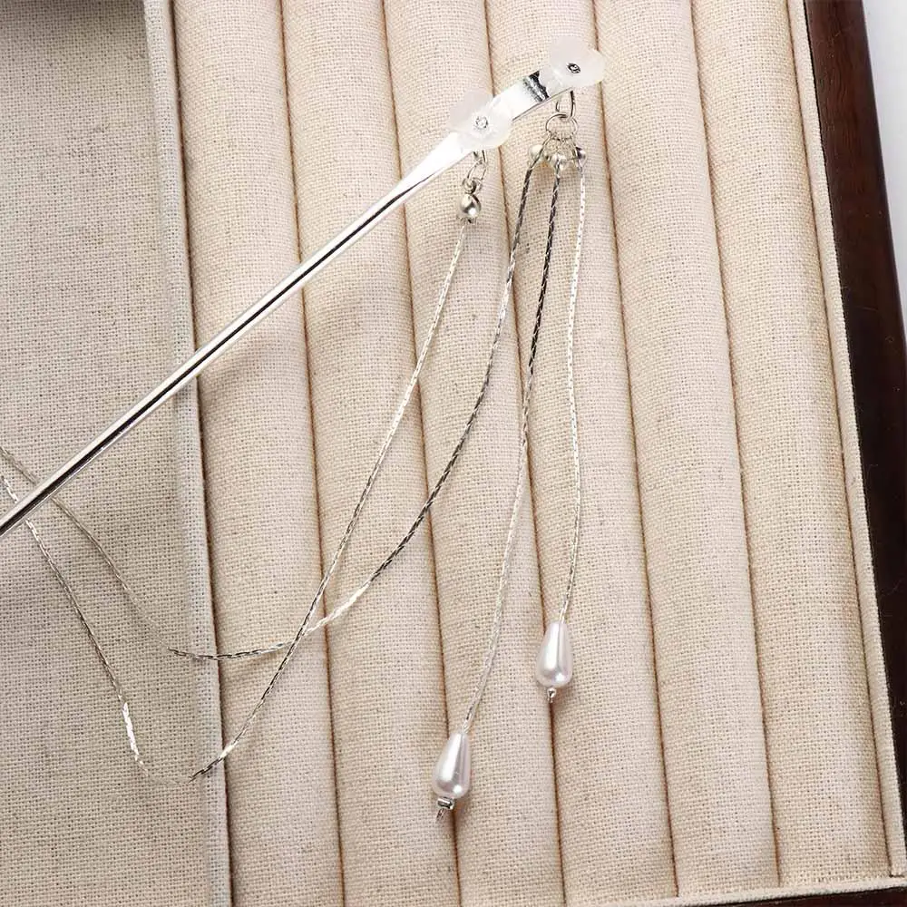 Hair Insert Fan Flower Pearls Ponytail Holder Hair Accessories Hair Fork Chinese Style Hairpins Double Tassel Hair Stick